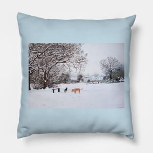 dog snow scene landscape with trees & rooftops art Pillow