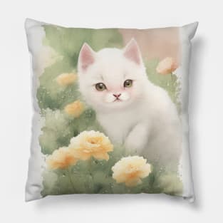 White Cat in the Flower Garden Soft Pastel Colours Pillow