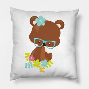 Hipster Bear, Bear With Glasses, Colorful Flowers Pillow