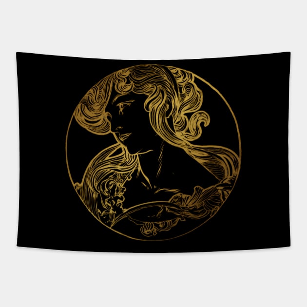 Art nouveau gold silhouette lady 6 Tapestry by Allbestshirts