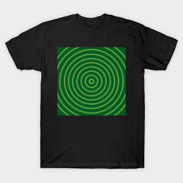 Discover Round Bullseye Pattern no.3 Dark and Medium Green and Yellow with Red dotted lines - Bullseye Round Pattern Circle Green - T-Shirt