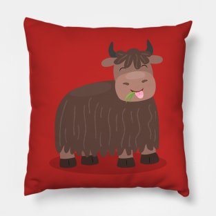 Funny happy yak eating grass cartoon illustration Pillow