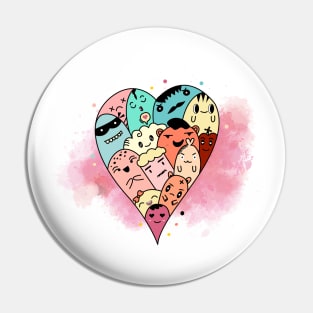 Heart full of doodle faces Pin