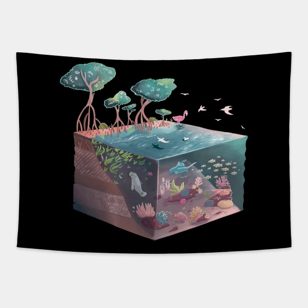 Isometric Coral Reef and Mangrove Ecosystem Tapestry by narwhalwall