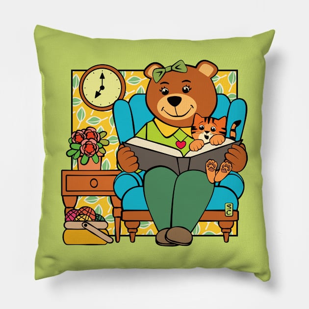 Maw Bear Reading to Cat Pillow by Sue Cervenka