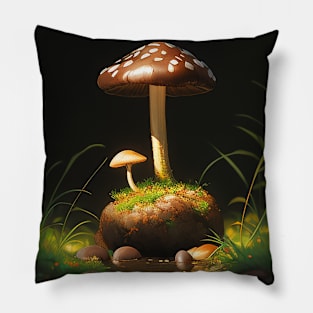 Two happy little mushrooms growing near a puddle Pillow