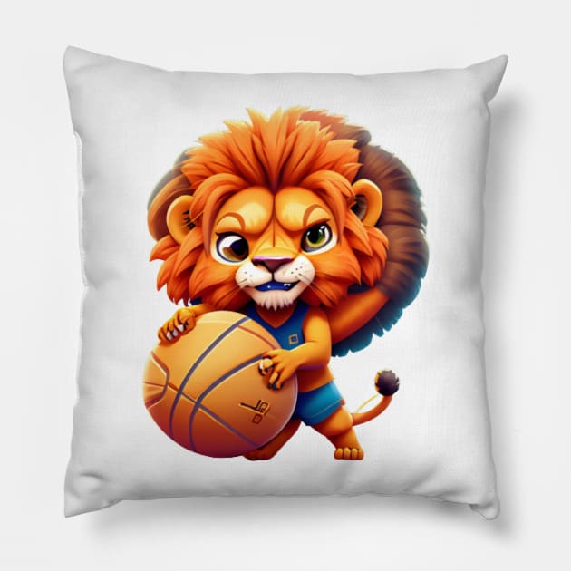 Cute Cartoon Lion Playing Basketball Pillow by The Print Palace