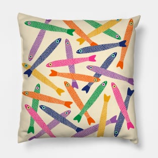 ANCHOVIES Bright Graphic Fun Groovy Fish in Rainbow Colors on Cream - Tossed Layout - UnBlink Studio by Jackie Tahara Pillow