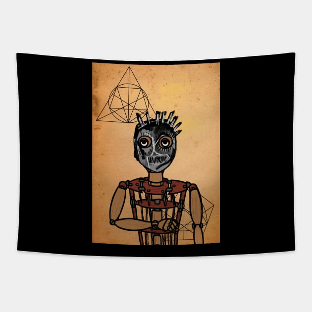 Elon Musk: PuppetMasked NFT with Street Eyes, Painted Skin, and a Wooden Touch in a Davinci Background Tapestry by Hashed Art