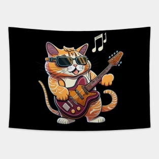 Cat Playing Guitar Vintage Retro Cute Cat And Guitar Lover Tapestry