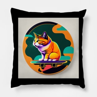 Cat on skateboard with sky background for cat lover Pillow