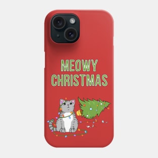 Meowy Christmas Gray Tabby Cat Knocked Over Xmas Tree Phone Case