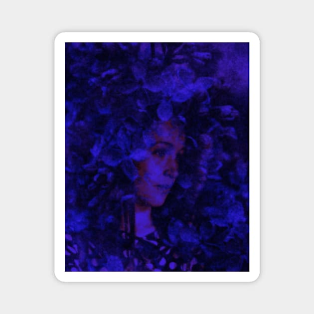 Beautiful girl, near the flowers. Dark, dim, calm and beautiful. Blue. Slightly brighter version. Magnet by 234TeeUser234