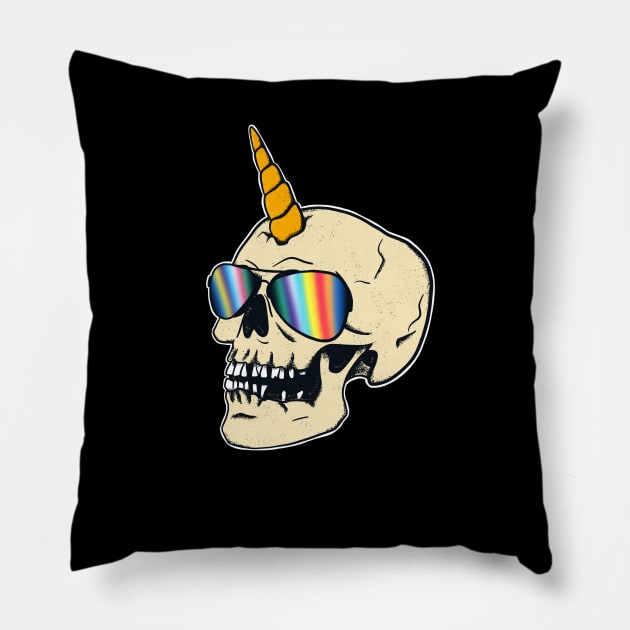 Funky Skull Unicorn Rainbow Sunglasses Pillow by Foxxy Merch