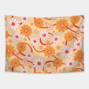 Vibrant Retro Floral Pattern in Hand-Drawn Style - Orange, Red and Pink Tapestry