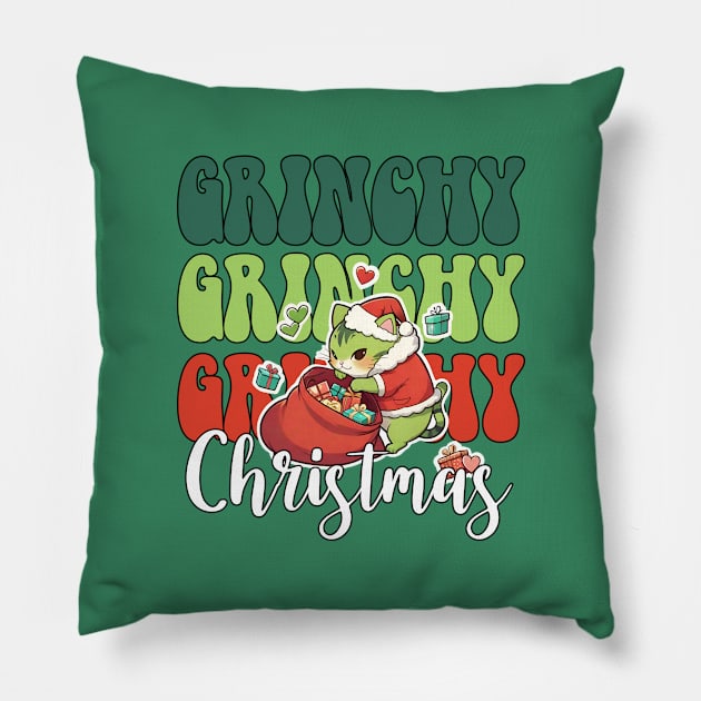 Merry grumpy Christmas, retro funny meowy catmas Pillow by Catmaleon Design