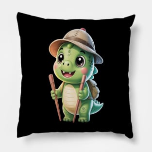 Tiny Raptor Explorer. Cute Kawaii Dino Adventure Pillow