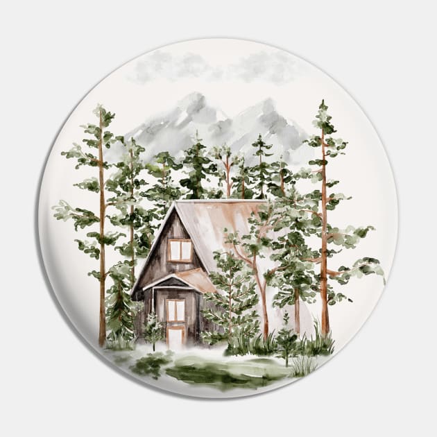 Watercolor Cabin in The Evergreen Forest Pin by the nature buff