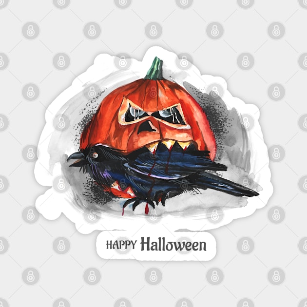 Happy Halloween Pumpkin Eating Raven Magnet by Mako Design 