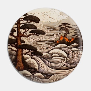 Japanese Traditional Wavy Clouds Woodblock Mountain Nature Scene Pin