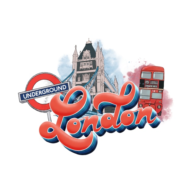 London Design with Landmarks | Artist Designed Illustration Featuring London Landmarks | Retro London Design with Tower Bridge, London Bus and Underground Sign by creativebakergb