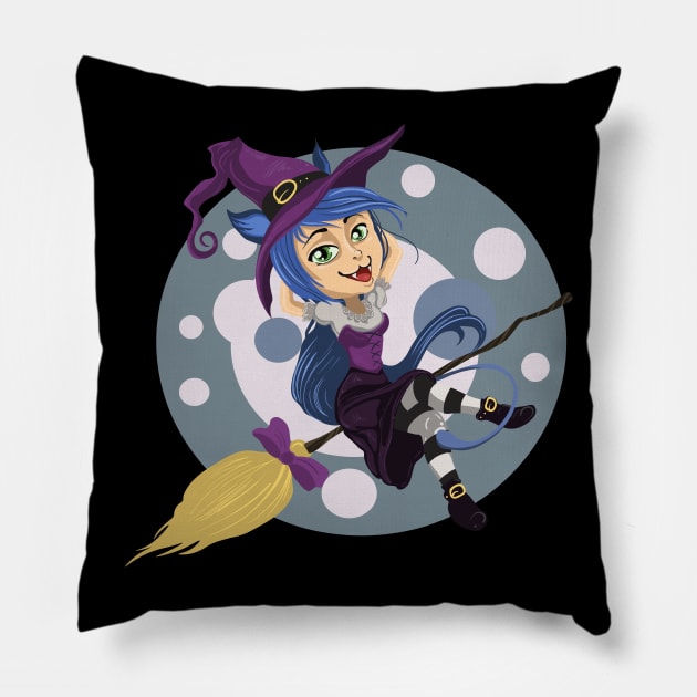 Catwoman Witch Hybrid Chilling on Broomstick Pillow by MonkeyBusiness