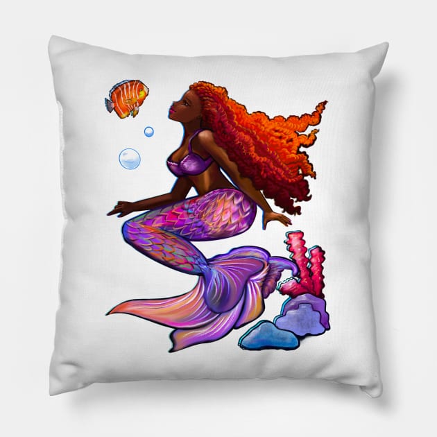 Beautiful Brown skin African American Mermaid. Black mermaid with flowing red hair. Afro locs. Great gift idea for mermaid lovers,Mermay,birthday gift for girls Pillow by Artonmytee