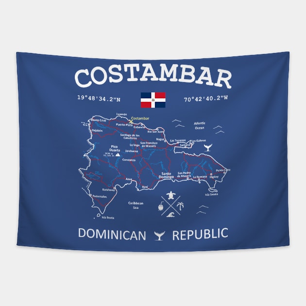 Costambar Dominican Republic Flag Travel Map Coordinates GPS Tapestry by French Salsa