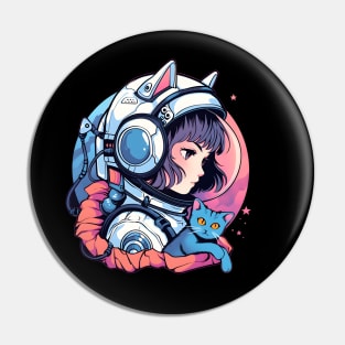 Female Astronaut and Blue Cat Pin