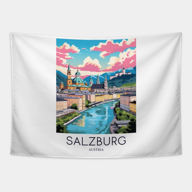 A Pop Art Travel Print of Salzburg - Austria Tapestry by Studio Red Koala