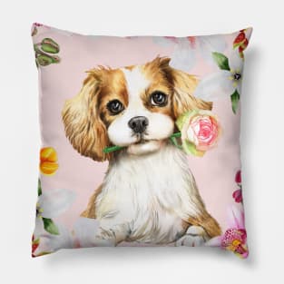 Cavalier King Charles Spaniel brings a rose Pillow