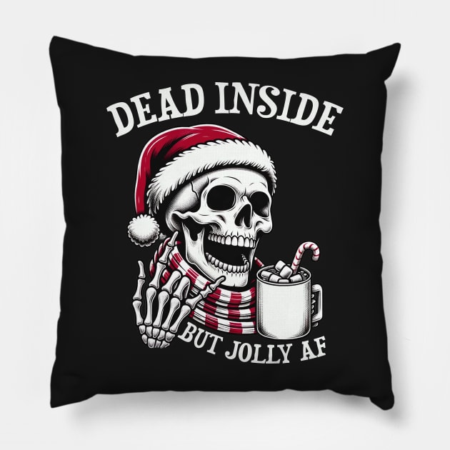 Dead Inside But Jolly AF Christmas Skeleton Pillow by dystopic