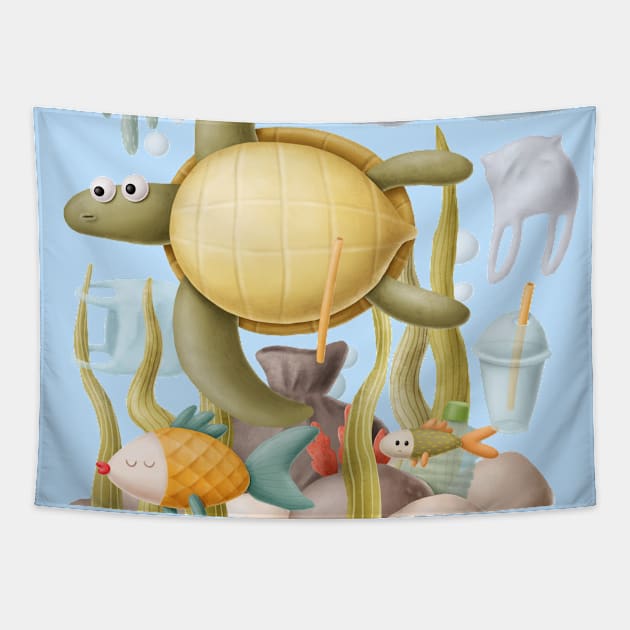 Turtle with plastic under ocean Tapestry by CaptainPixel