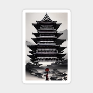 Japanese temple with monk,sumi-e ink painting Magnet