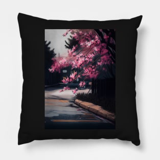 Whispering Blossoms: Cherry Tree by the Road Pillow