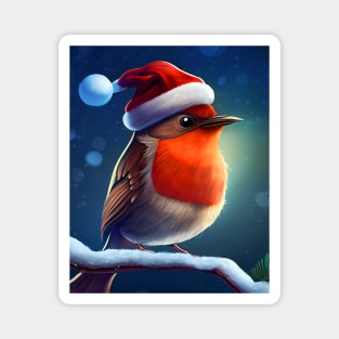 Christmas Robin Bird with a Santa Hat Sits on a Snowy Branch Magnet