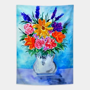 Colorful Flower Bouquet on Blue and Purple Tapestry