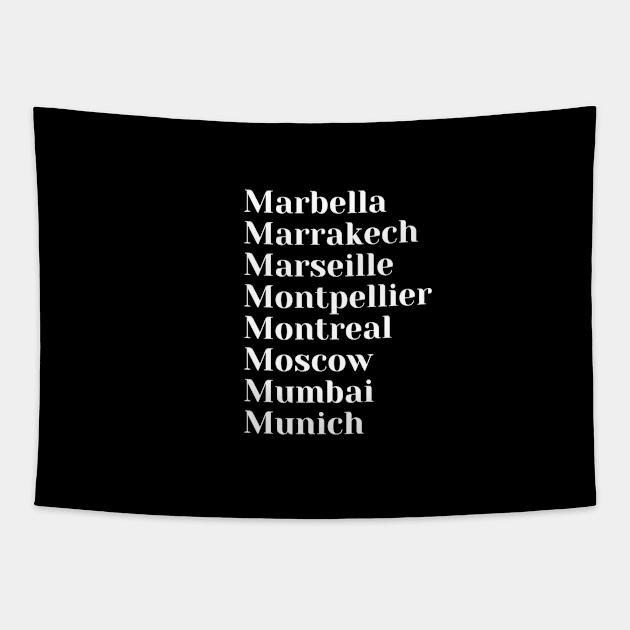 Cities starting with the letter, M, Tote, Mask, Mug Tapestry by DeniseMorgan