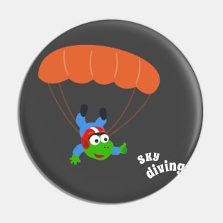 cartoon illustration of skydiving with litlle dinosaur Pin