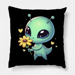 Cute little Alien With Yellow Flower Pillow