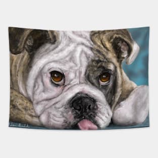 Painting of a brown and white Bulldog lying down with his tongue out Tapestry