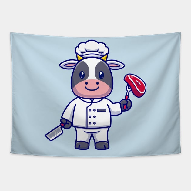 Cute Cow Chef Cooking Meat Cartoon Tapestry by Catalyst Labs