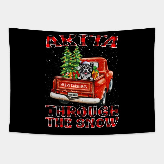 Christmas Akita Through The Snow Dog Santa Truck Tree Tapestry by intelus