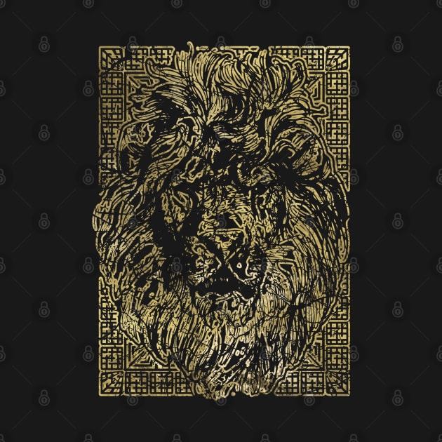 Vintage gold Lion Head on tribal texture by Nartissima