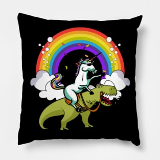 Unicorn Riding T-Rex Dinosaur Magical Rainbow Pillow