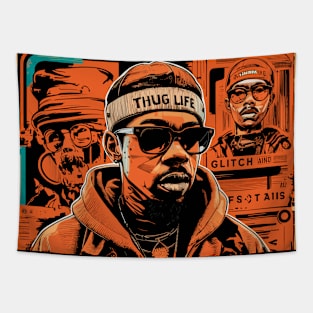 Vibrant Orange Thug Life Design with Black Guy Tapestry