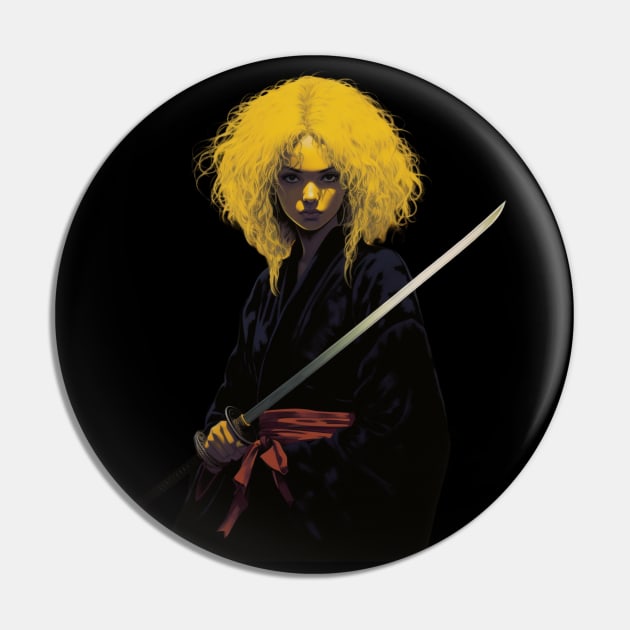 Ninja Queen: Retro Anime Warrior in Black & Yellow Pin by YUED