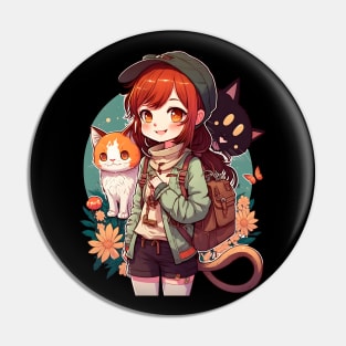 Cute Girl & Cats Kawaii Anime Orange and Black Cat Lovers Pin