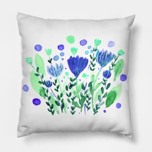 Watercolor whimsical flowers - blue and green Pillow