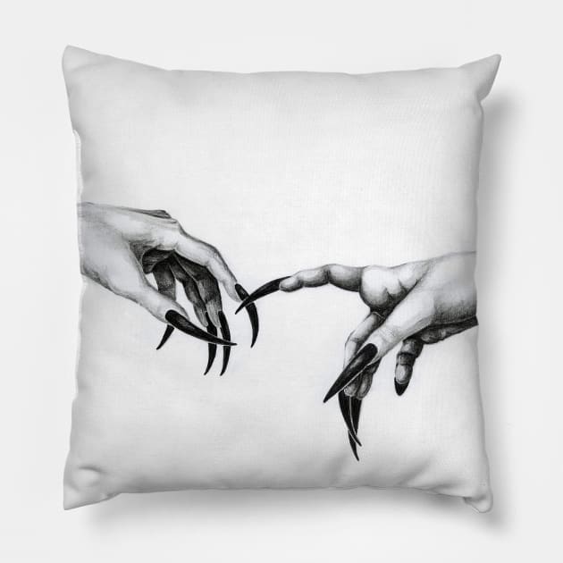 Creation of Goth - black and white painting, gothic creation of adam, hands, michelangelo, black nails, demon hands, goth Pillow by SSINAMOON COVEN